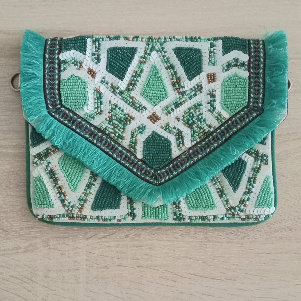 Vintage Green And White Beads Clutch Bag